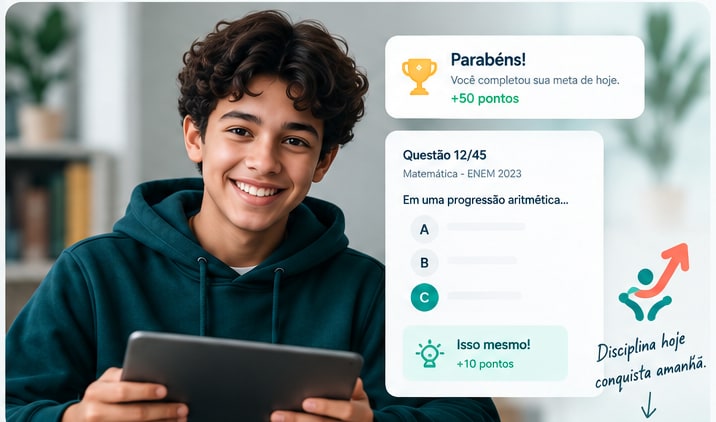 Aluno praticando no Aprende+ com quiz e pontos